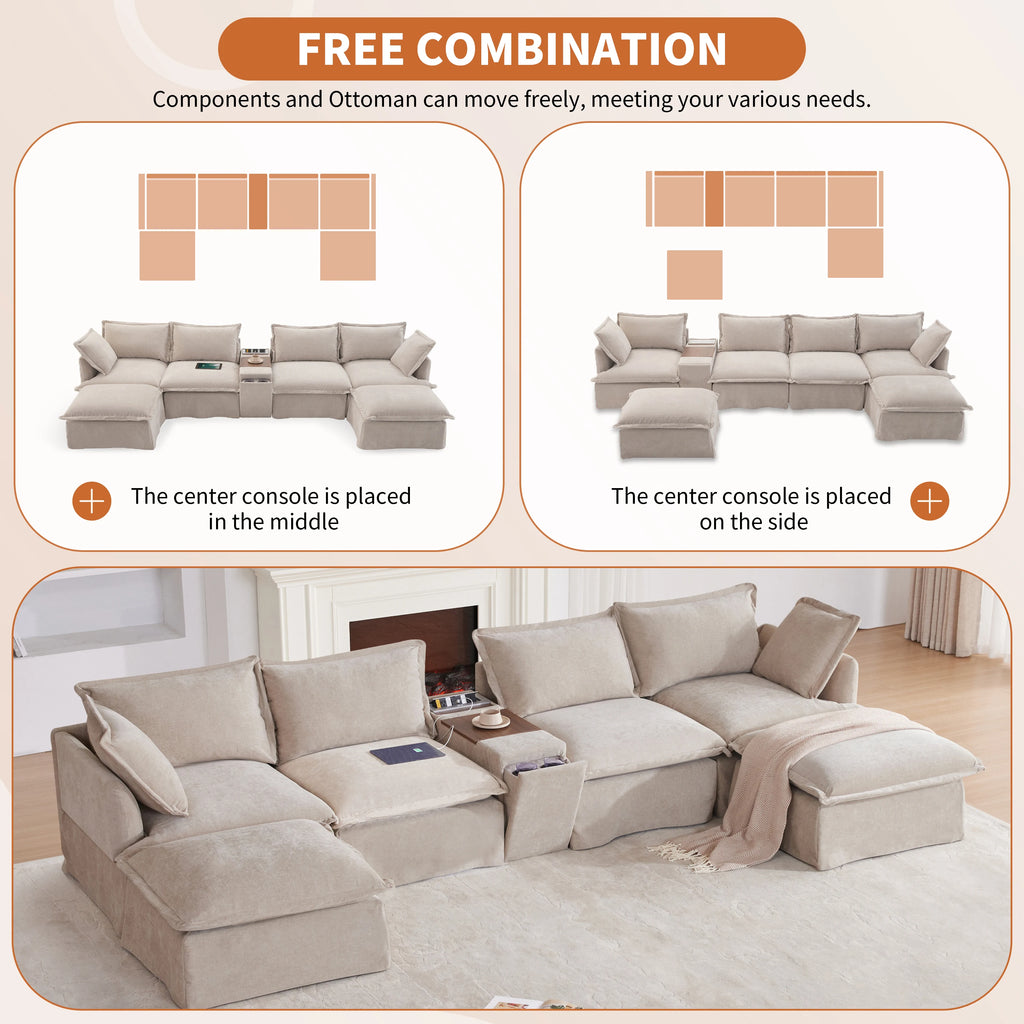 Modular Sectional Sofa with Movable Ottoman and Console,Cup Holder,Wide Seat,6 Seat U Shaped Couch,Oversized Chenille Sofa