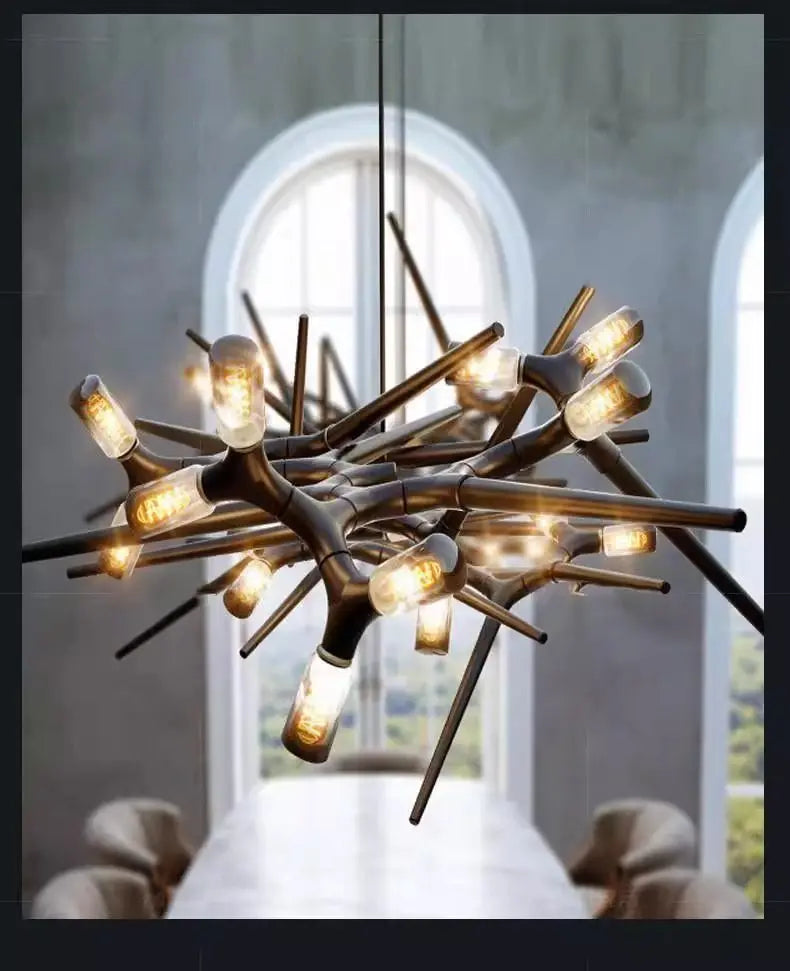Modern chandelier with multiple lights in a room with large windows.