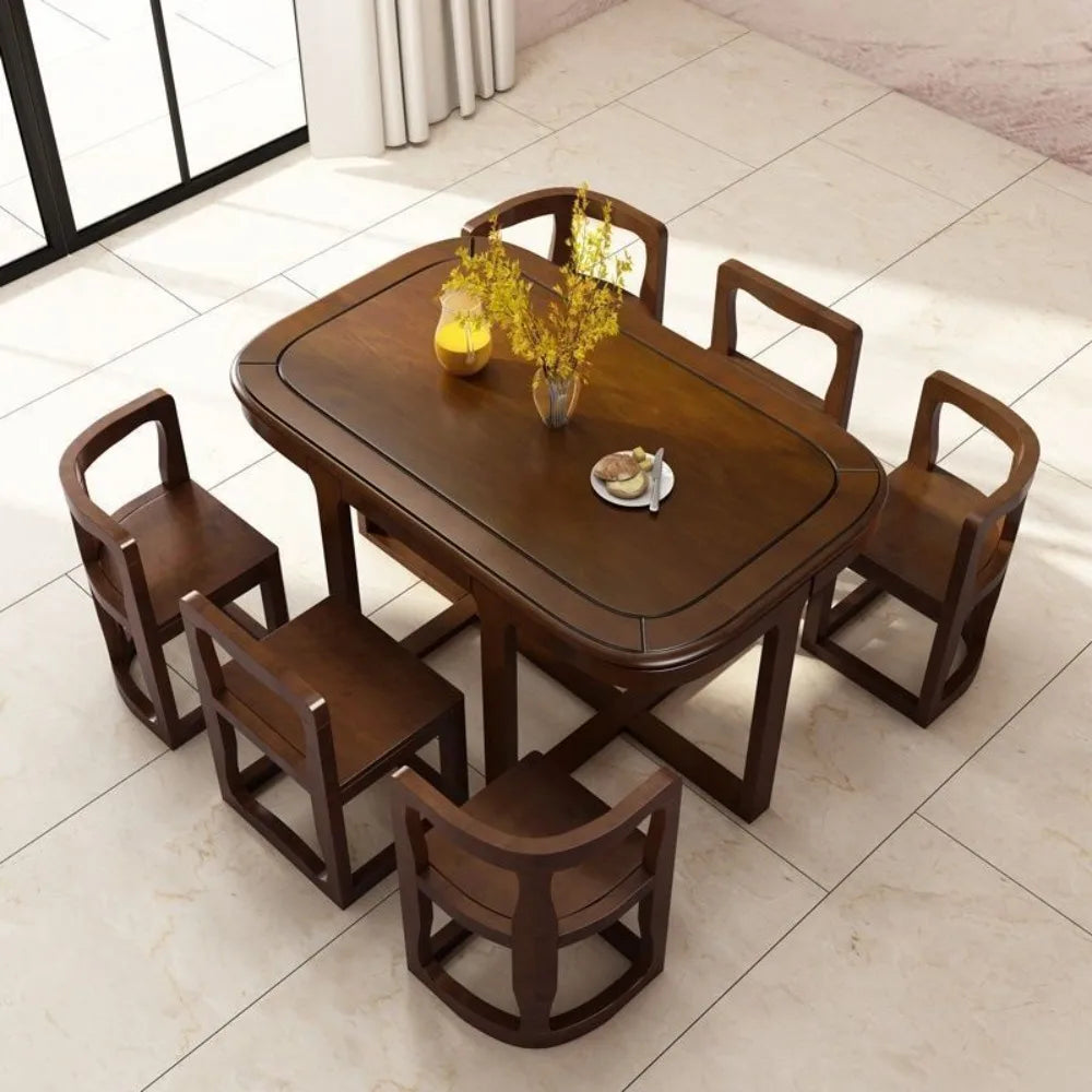 Solid Rubberwood dining set with induction cooker featuring an oval table and six stylish chairs.