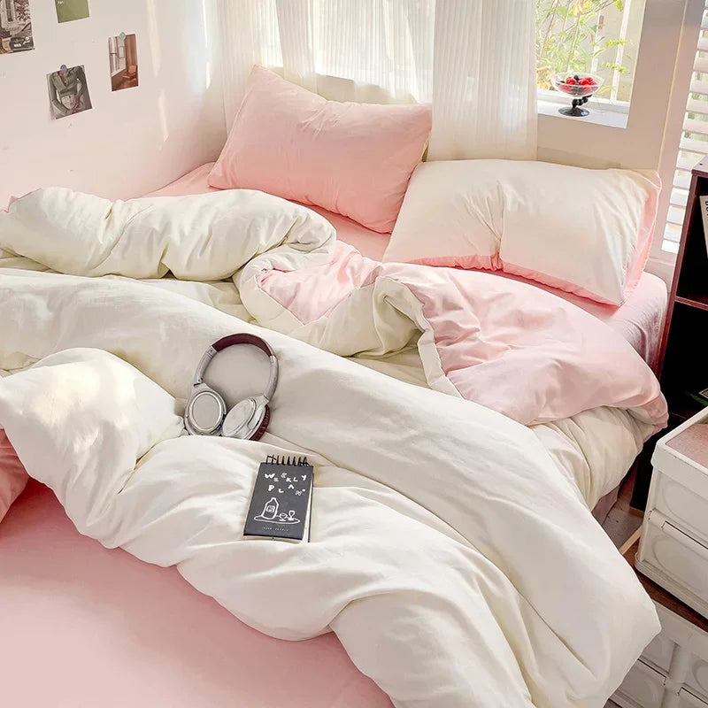 Solid Bed Linen Cotton Bedding Set 4pcs with Sheet Duvet Cover, Pillowcases.