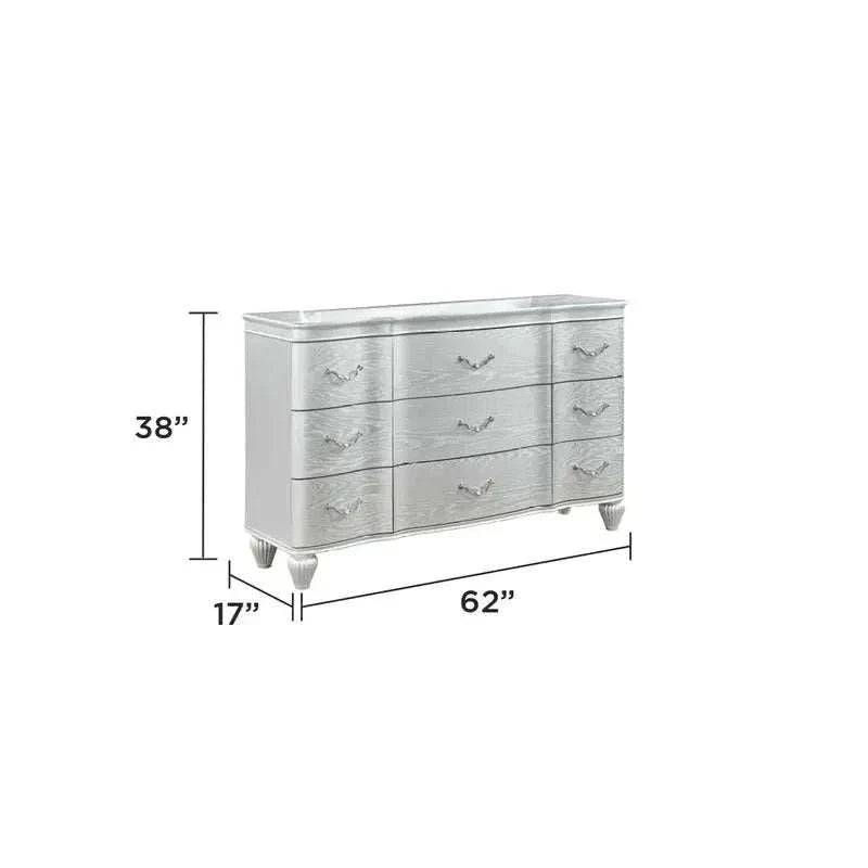 Silver dresser with dimensions labeled on a white background