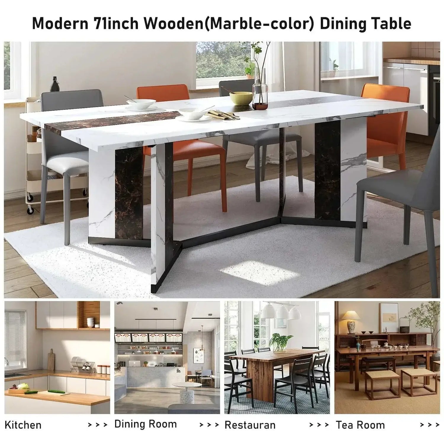 Large rectangular white dining table featuring modern marble color design and stylish dining setup.