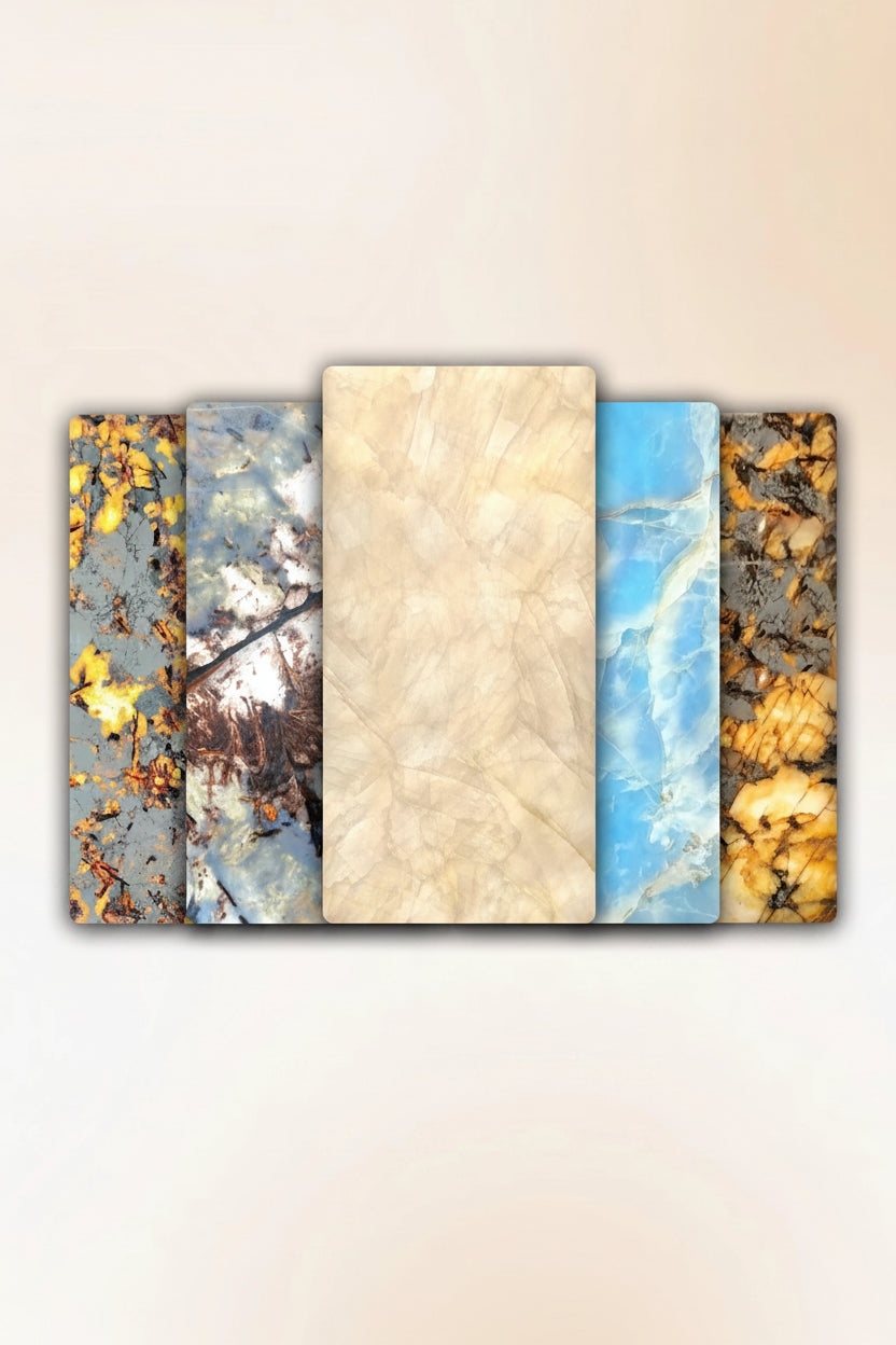 Various types of translucent stone panels with different patterns on a beige background.