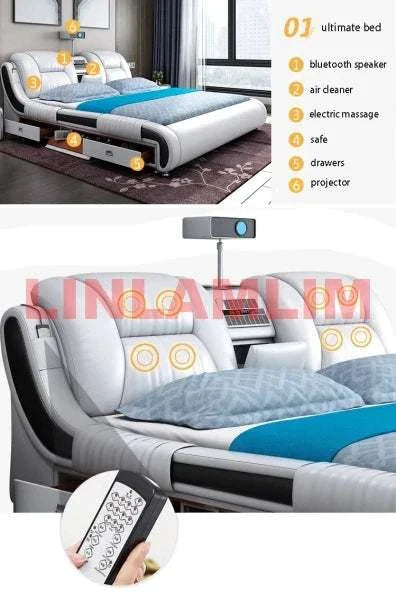 Genuine leather bed with built-in Bluetooth speaker, air cleaner, electric massage, safety features, drawers, and projector.