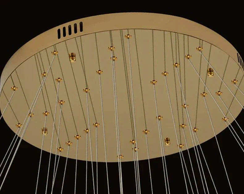 Modern hall chandelier with multiple hanging LED lights and sleek gold accents