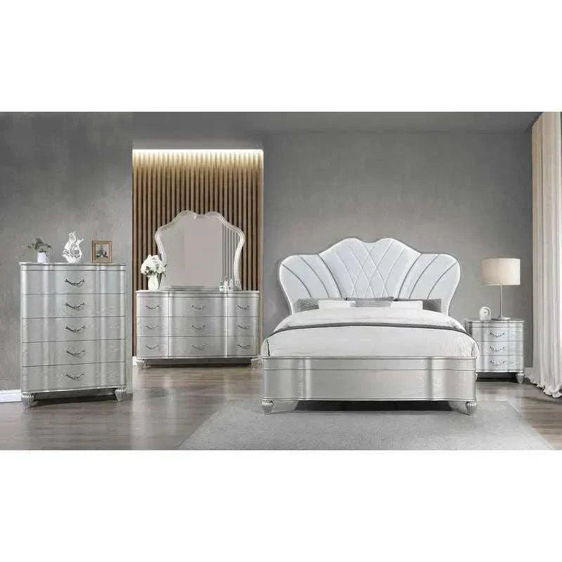 Queen 5-piece traditional bedroom set with upholstered button-tufted bed and silver finish including dresser, mirror, chest, and nightstands