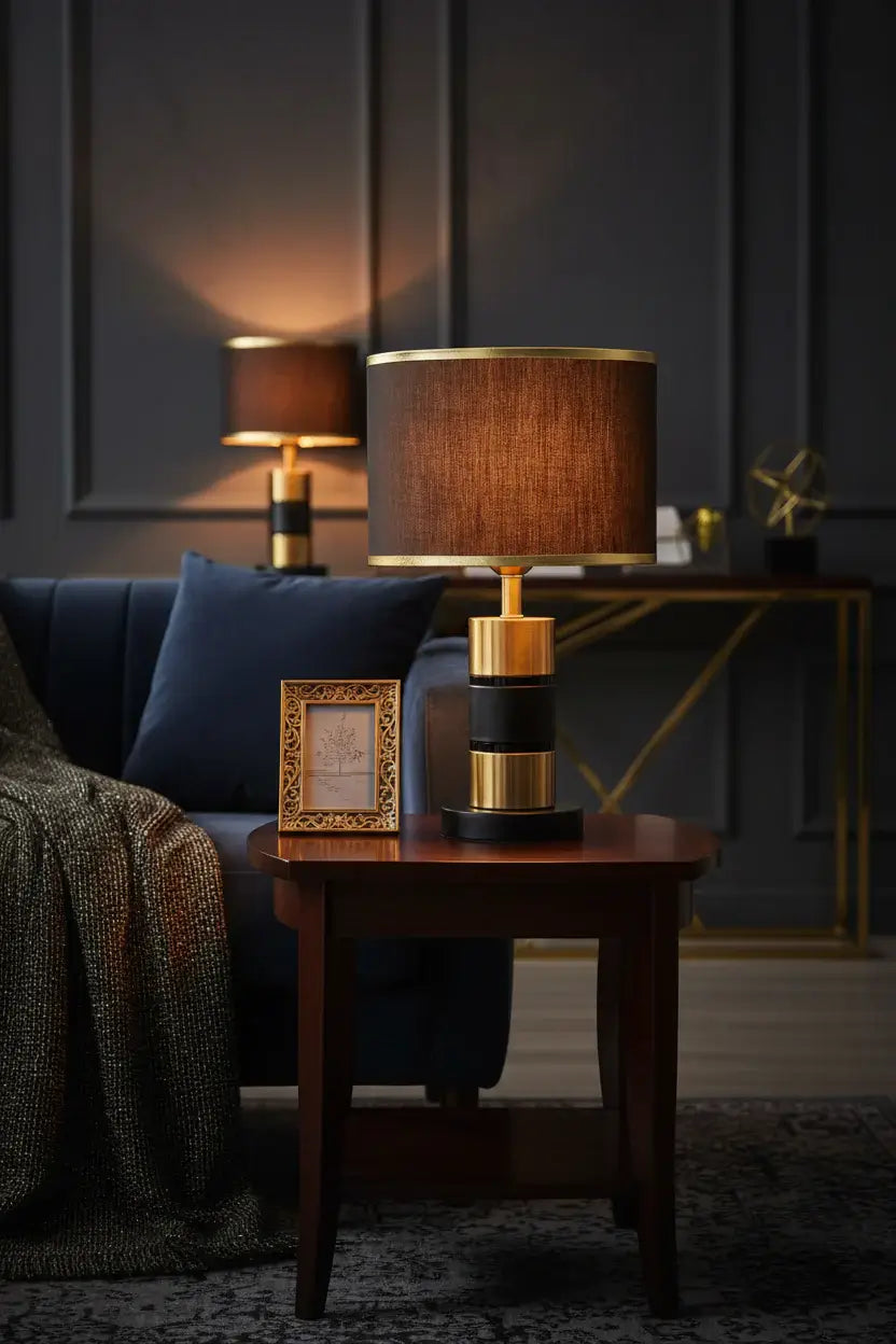 Luxury LED bedside lamp on a stylish wooden table next to a cozy sofa, enhancing the modern home decor.