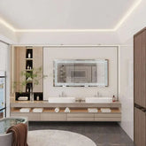 Large silver rhinestone mirror showcased in a modern bathroom with elegant decor and dual sinks.