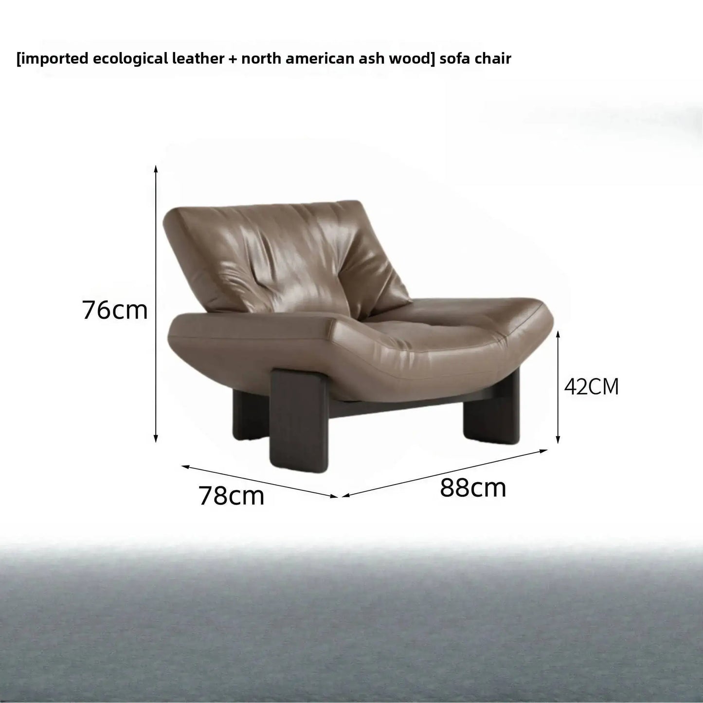 Brown leather sofa chair with dimensions on a white background
