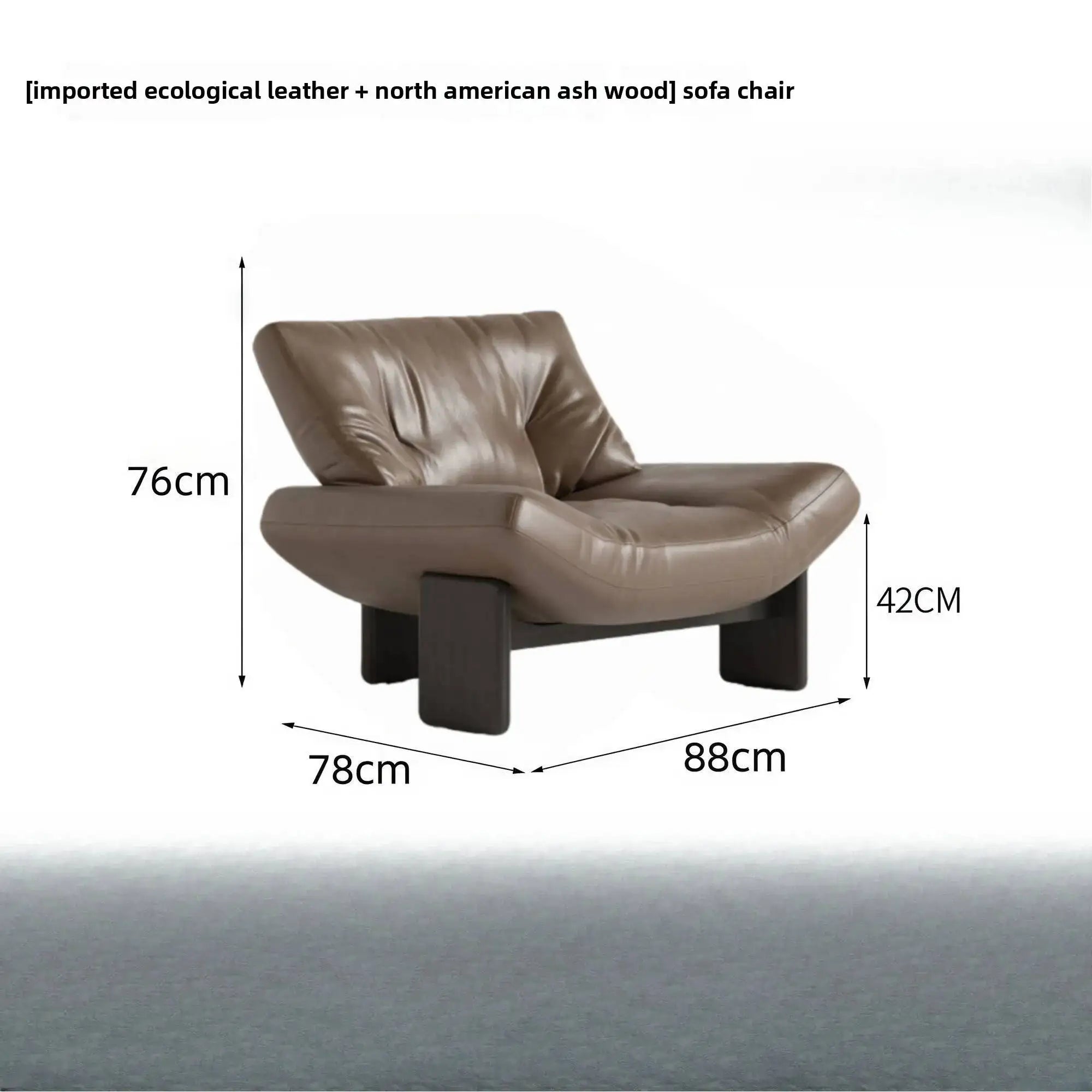 Brown leather sofa chair with dimensions on a white background