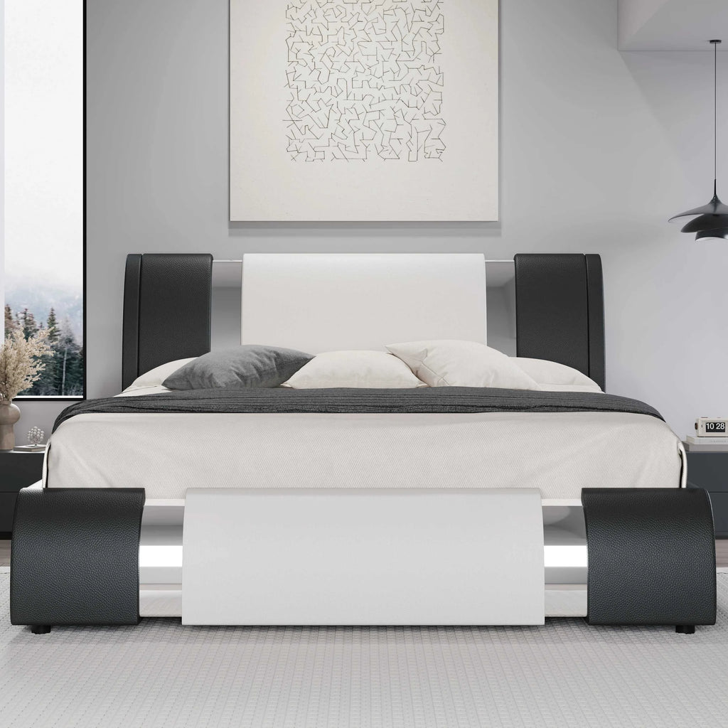 Modern bedroom with a black and white bed in a minimalistic room.