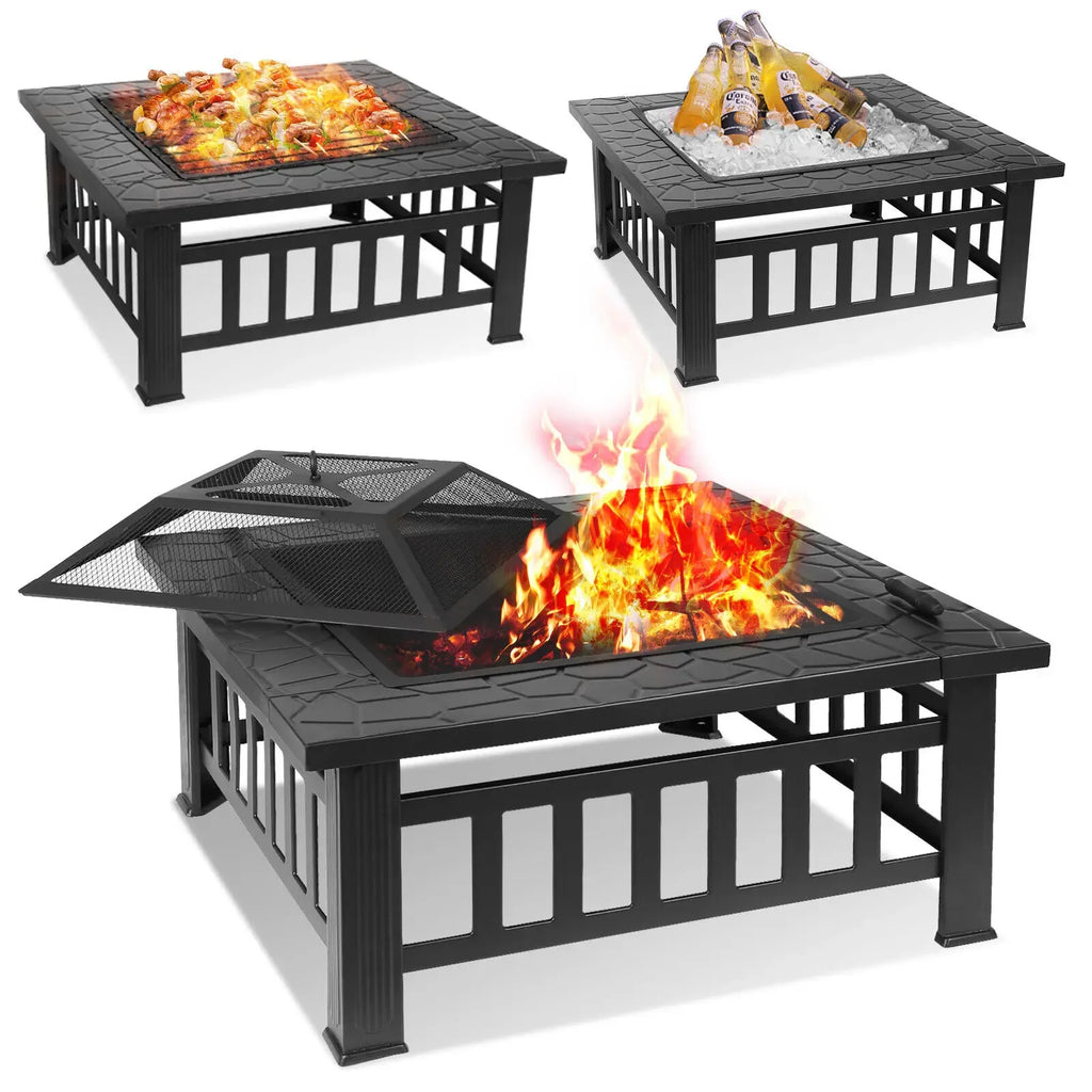 32" Fire Pit Table for Outside,Outdoor Fire Pit Square Wood Burning with Spark Screen Fire Poker for Camping,Backyard,Patio - view 9
