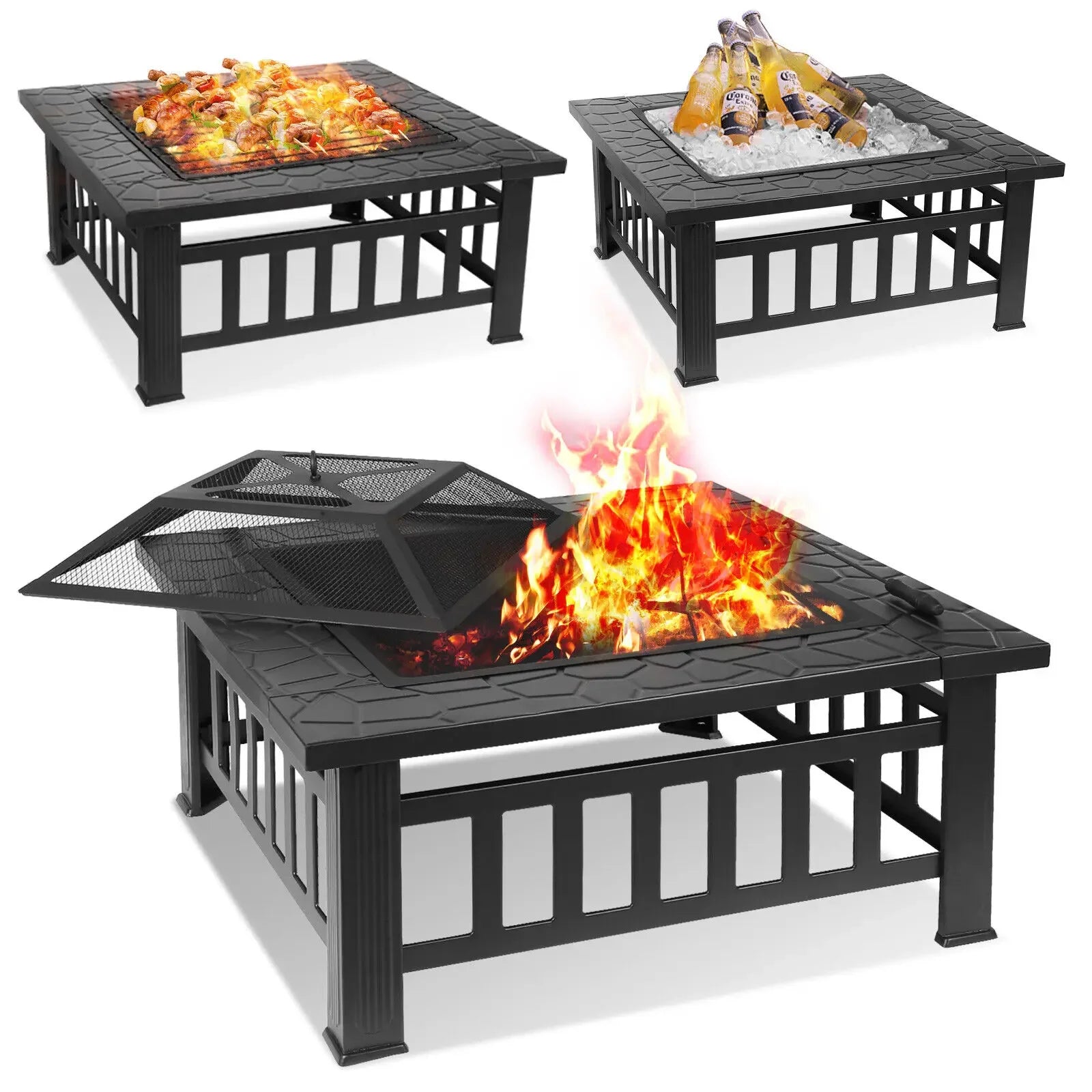 32" Fire Pit Table for Outside,Outdoor Fire Pit Square Wood Burning with Spark Screen Fire Poker for Camping,Backyard,Patio - view 9