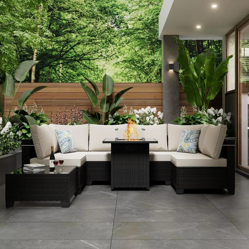 8 Pcs Patio Furniture Set with Fire Pit Table