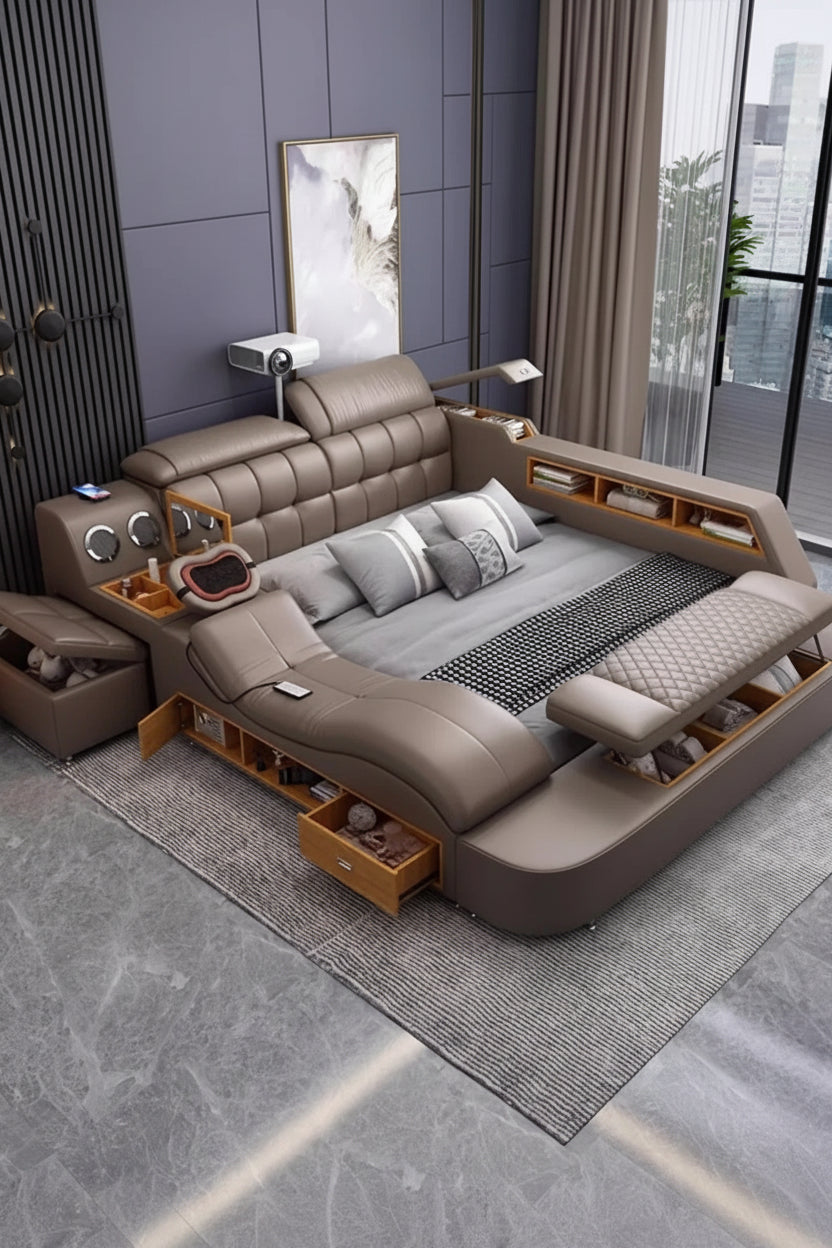Modern brown leather bed with built-in drawers in a stylish room.