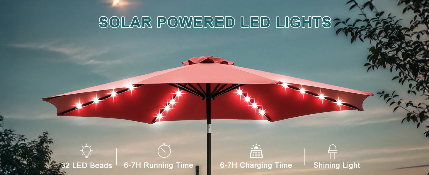 JHK 10FT Solar Patio Umbrella with 32 LED Lights UV-Resistant Outdoor Table Umbrella with Tilt and Crank for Backyard Garden - view 6