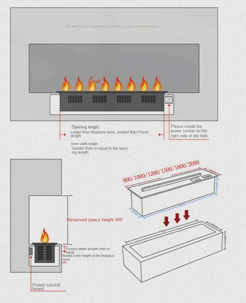 Diagram of a fireplace setup with dimensions and power socket placement.