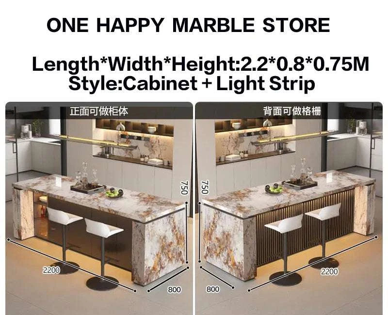 Marble countertop with cabinet and light strip design, showing dimensions and style options.