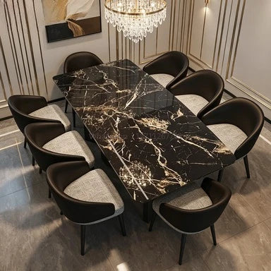Italian Marble Dining Set featuring a luxury rectangular table and stylish chairs in an elegant dining room.