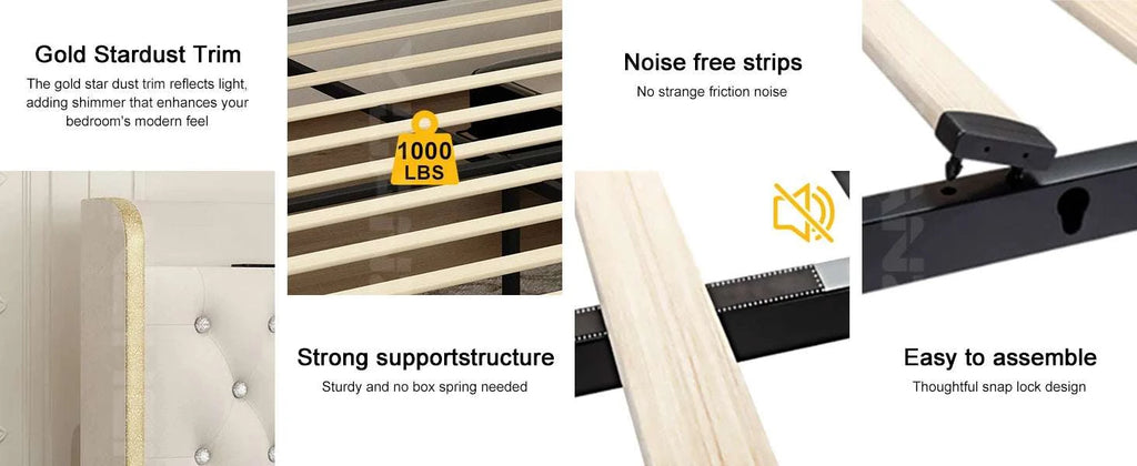 Bed frame with gold stardust trim, noise-free strips, strong support structure, and easy assembly features.