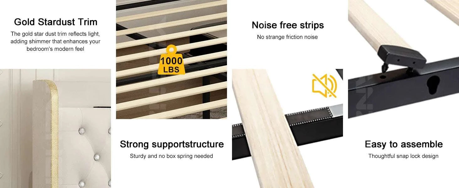 Bed frame with gold stardust trim, noise-free strips, strong support structure, and easy assembly features.