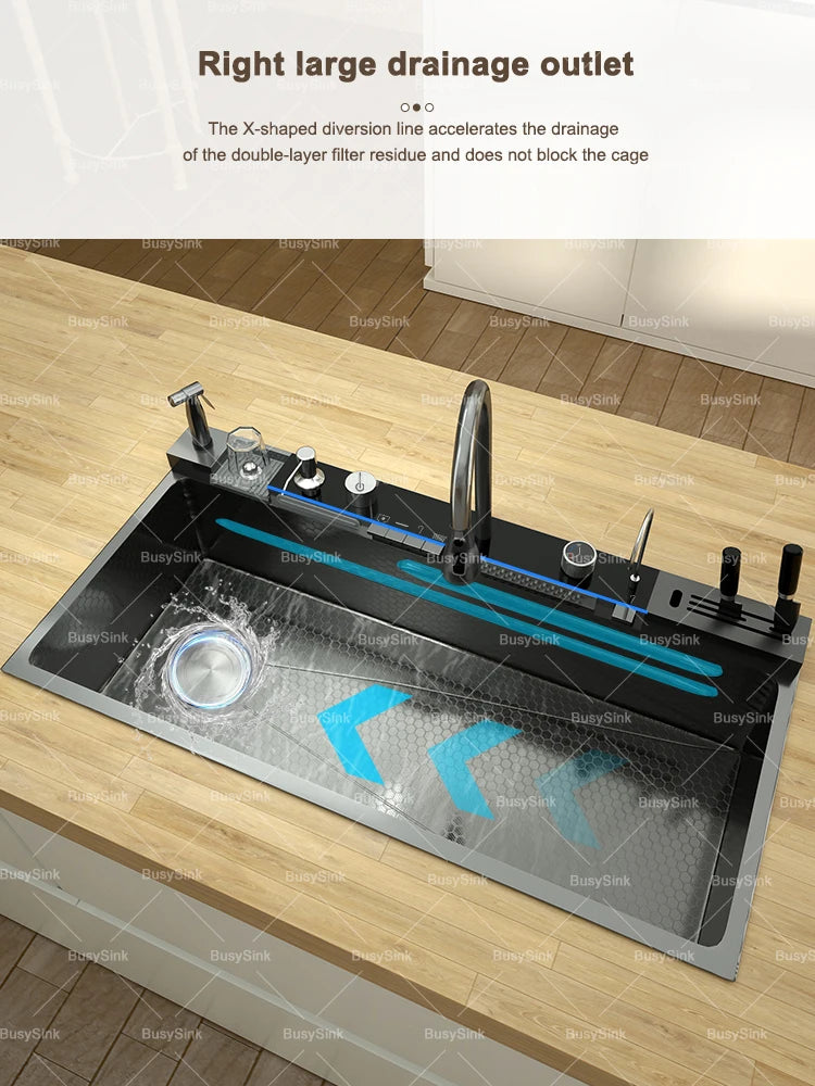 Stainless Steel Kitchen Sink with Waterfall. Digital Display Multifunctional