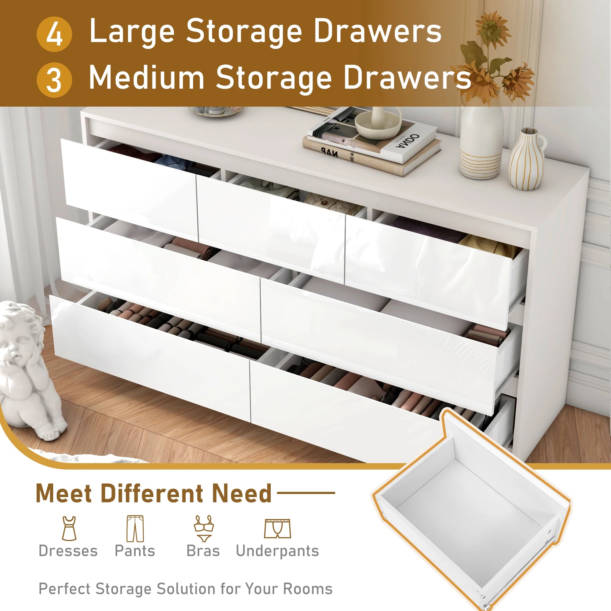 7 Drawer Dresser for Bedroom, 55 Inch Modern Design