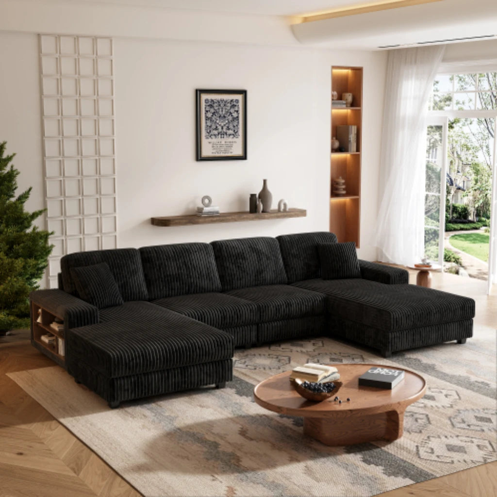 Modern convertible U-shaped combination sofa corduroy 4-seat large-sized living room double leisure chair set