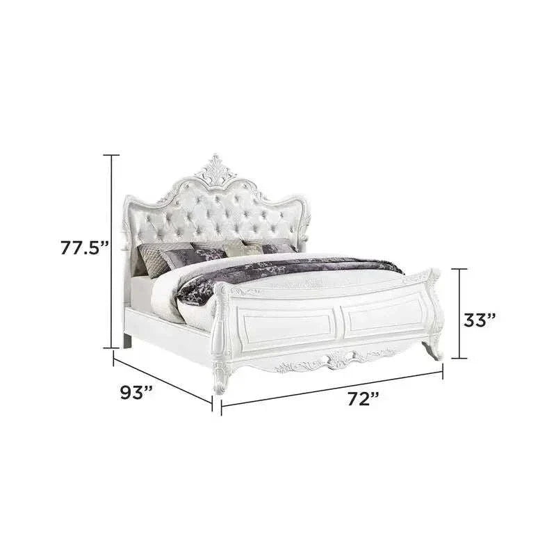 White bed with dimensions labeled on a white background