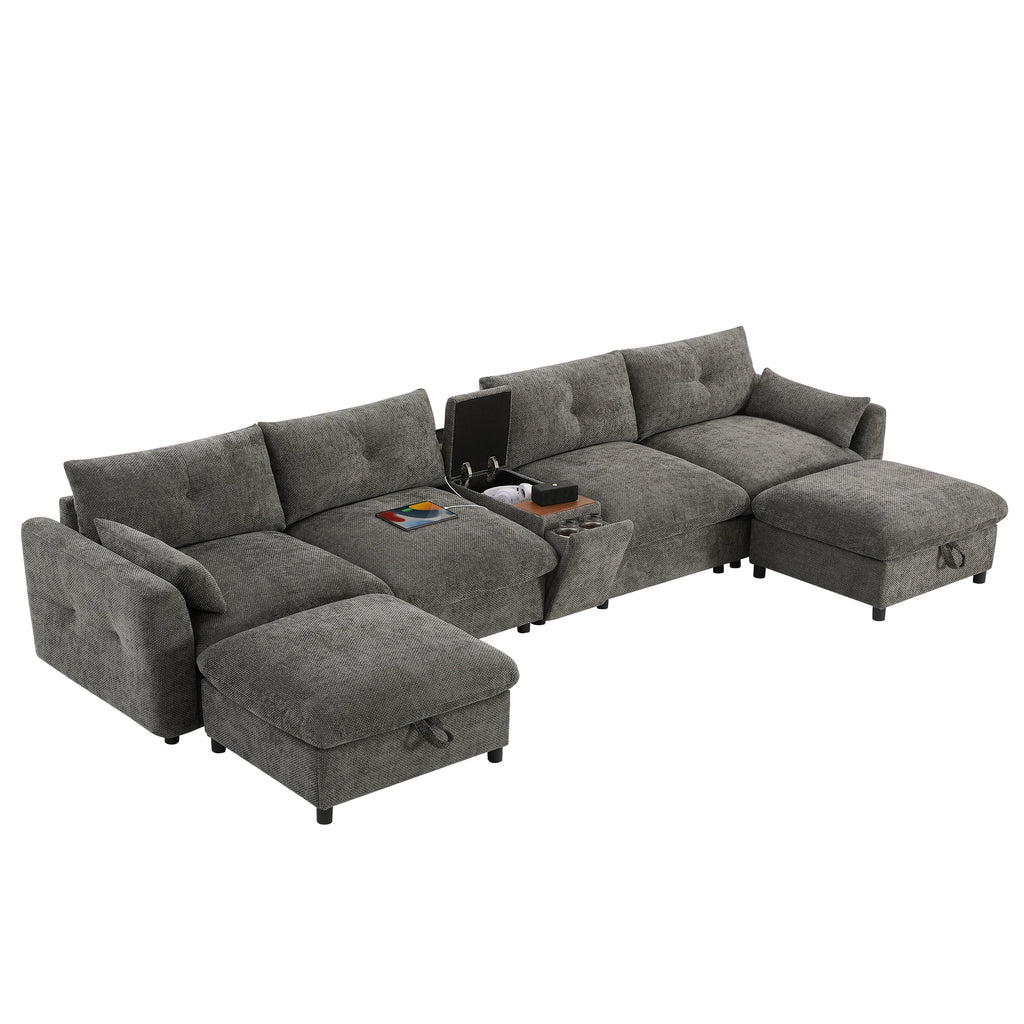 Modular Sectional Sofa with Movable Ottoman and Console,Cup Holder,Wide Seat,6 Seat U Shaped Couch,Oversized Chenille Sofa