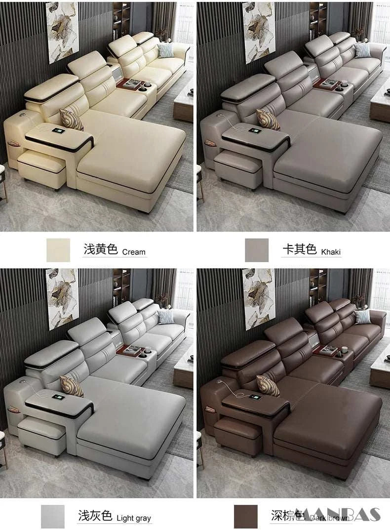Four views of a sectional sofa in different colors with color swatches below.