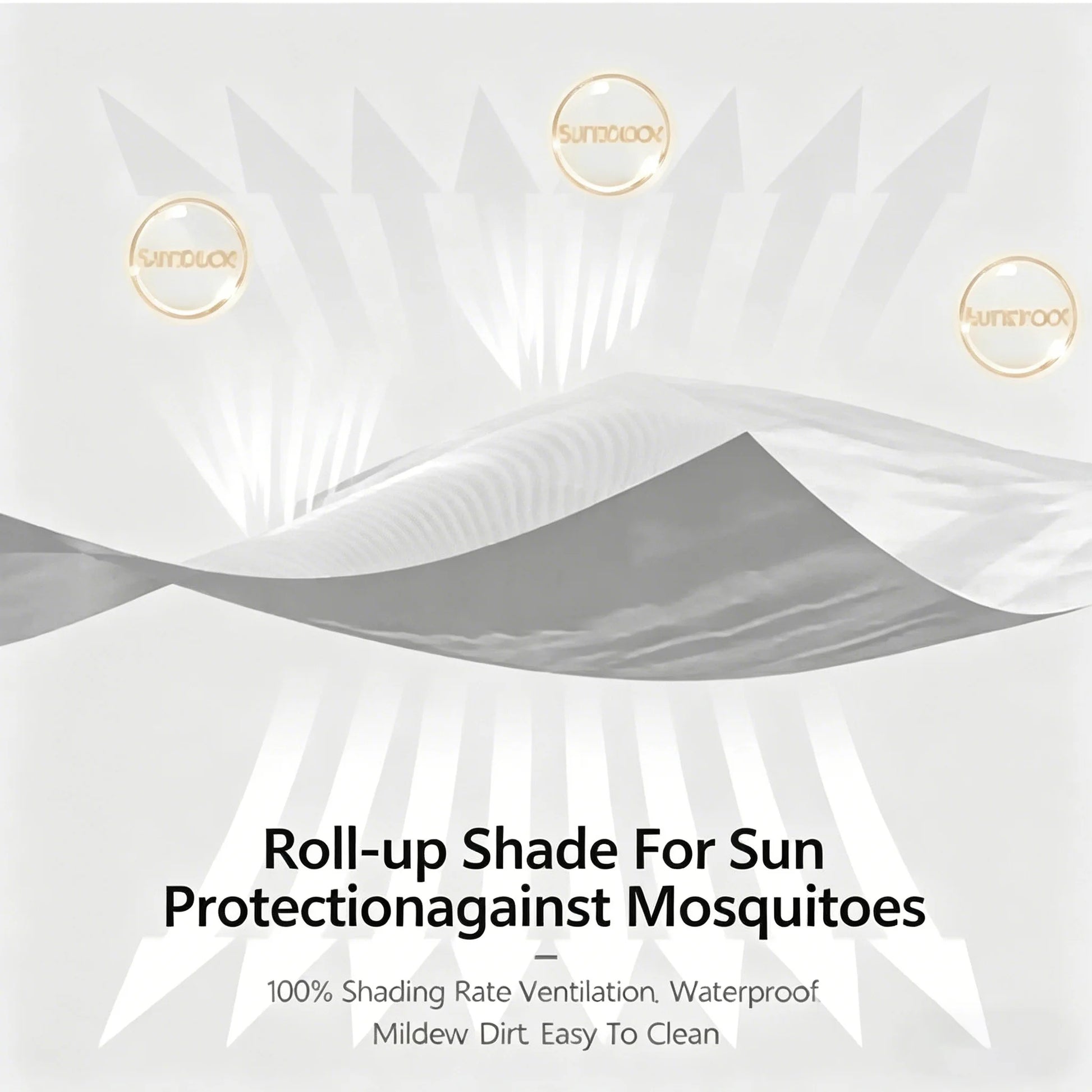 Roll-up shade product packaging with text on a white background