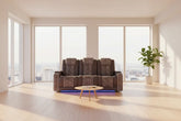 Cozy living room featuring a power reclining sofa set with LED lights, modern decor, and large windows.
