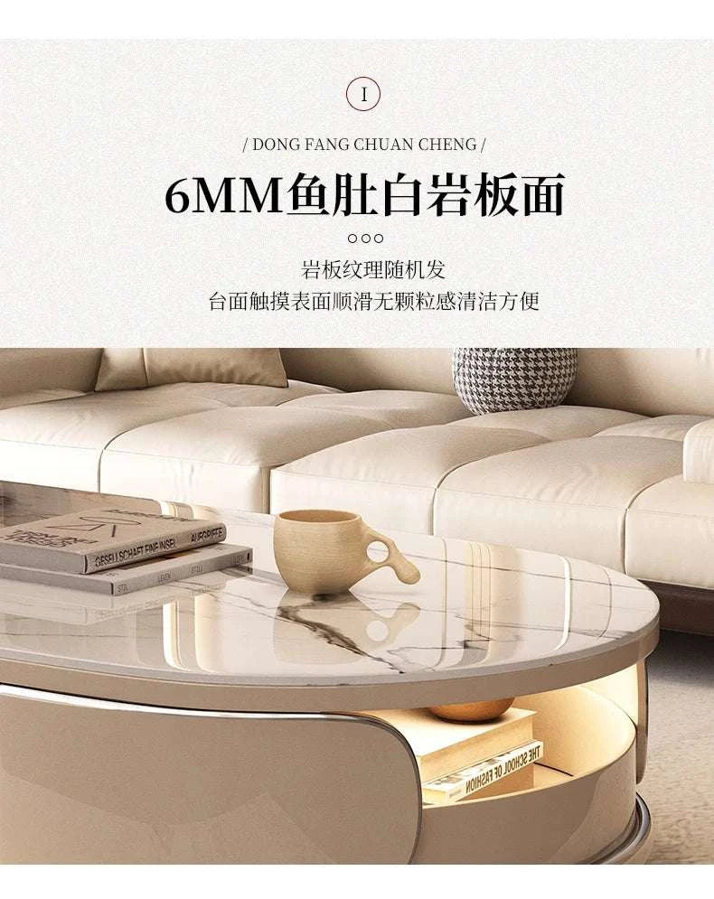 Round glass coffee table with a beige sofa in the background, featuring text about material specifications.