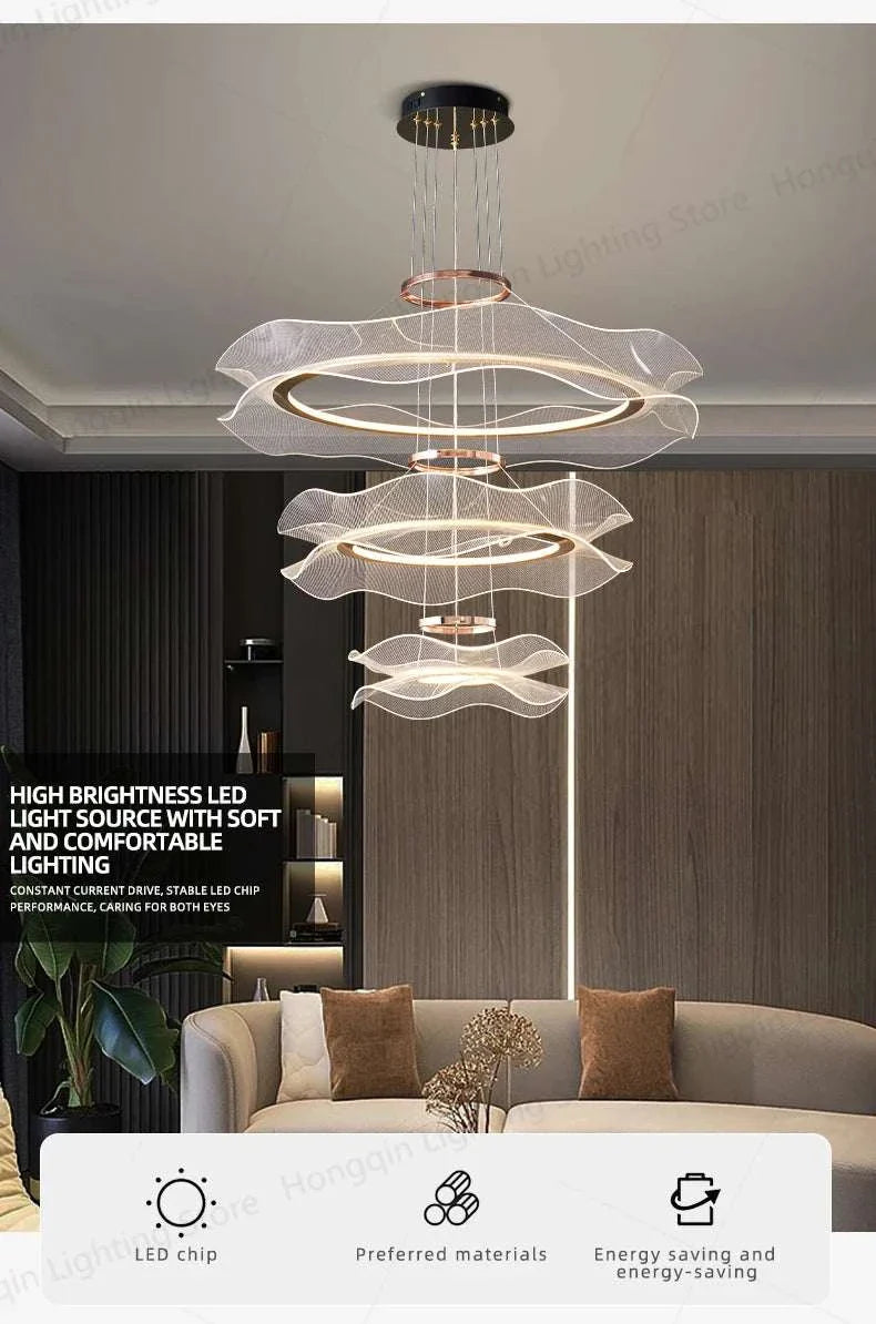 Round modern LED ceiling chandelier with layered soft light rings in a contemporary living room setting