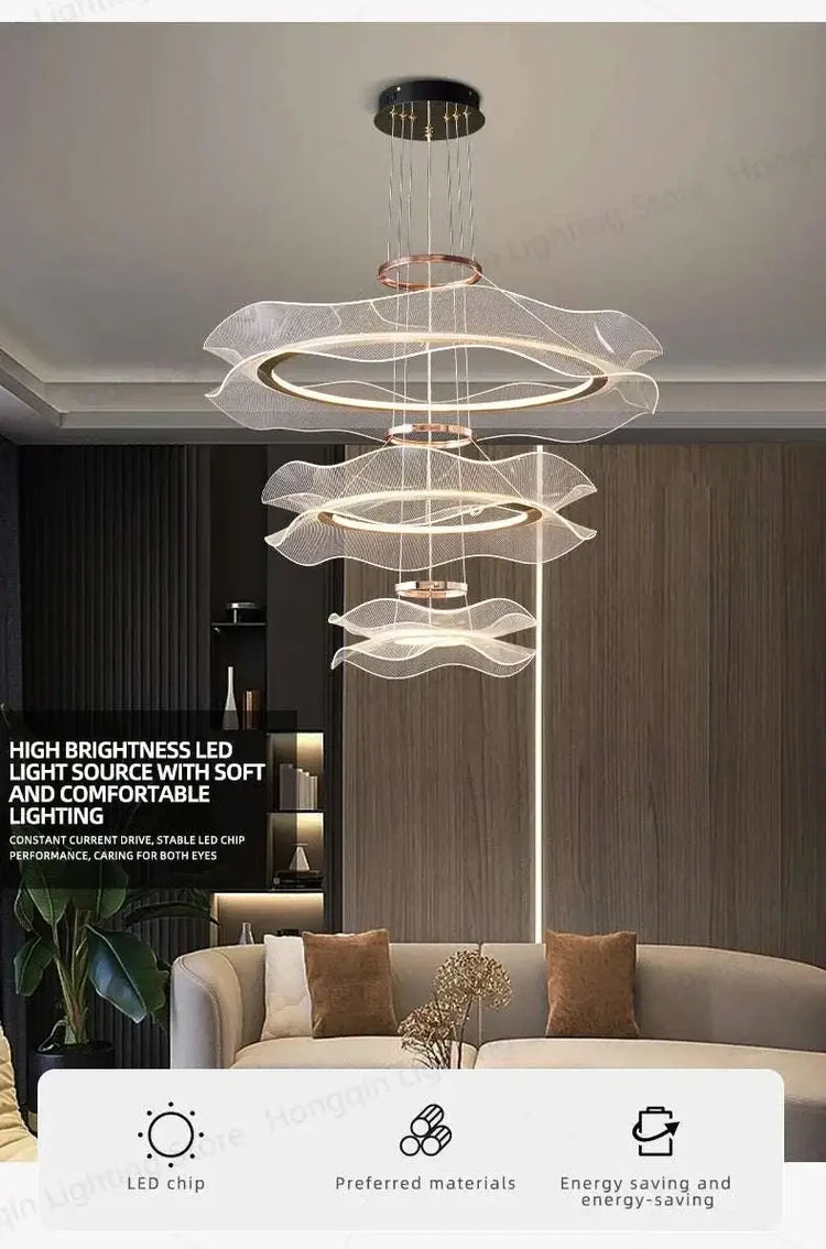 Round modern LED ceiling chandelier with layered soft light rings in a contemporary living room setting