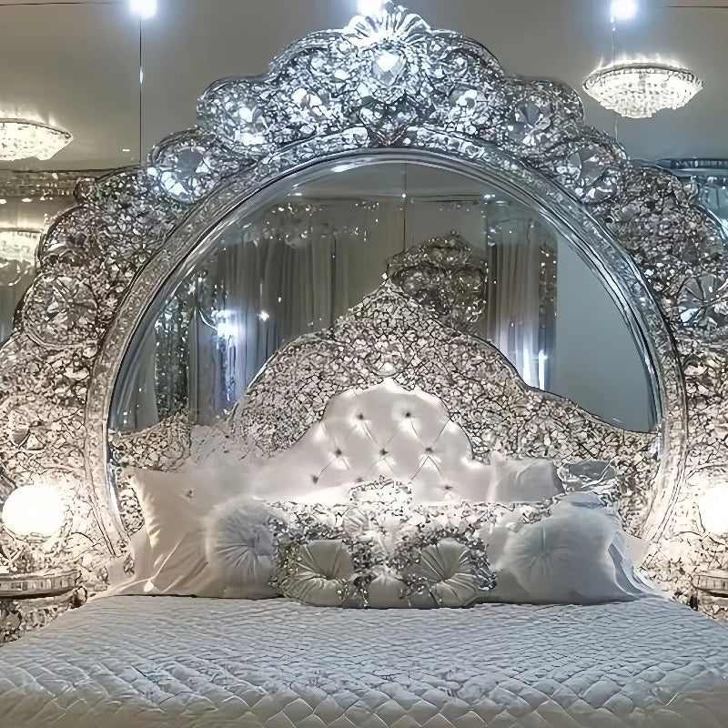 Luxurious bed with a crystal-studded headboard in a opulent room.