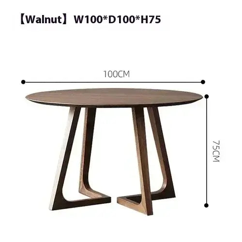 Wooden round table with dimensions labeled on a white background