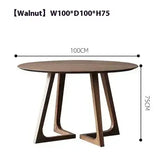 Wooden round table with dimensions labeled on a white background