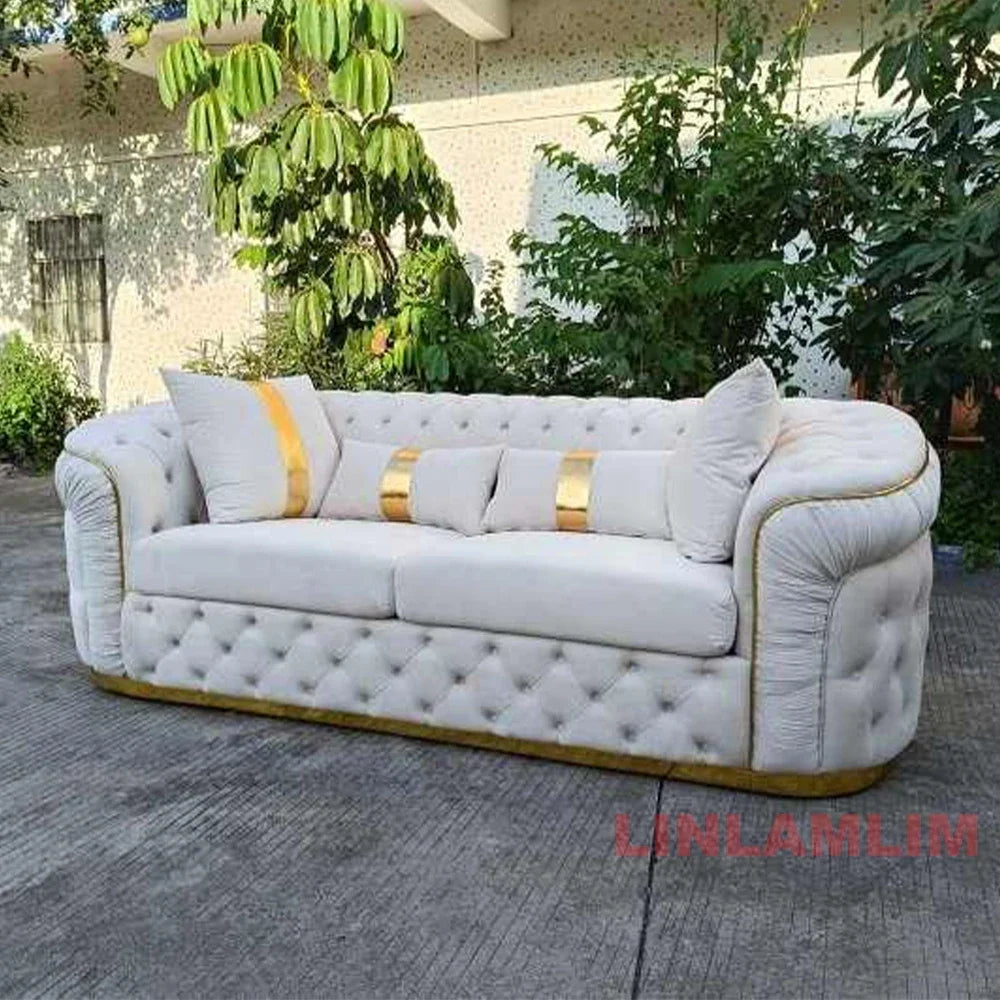 Luxury Chesterfield Sectional Sofa Set with Cloth Buttons and Fabric Modular Couch with Gold Stainless Steel Base, 3-seater Sofa