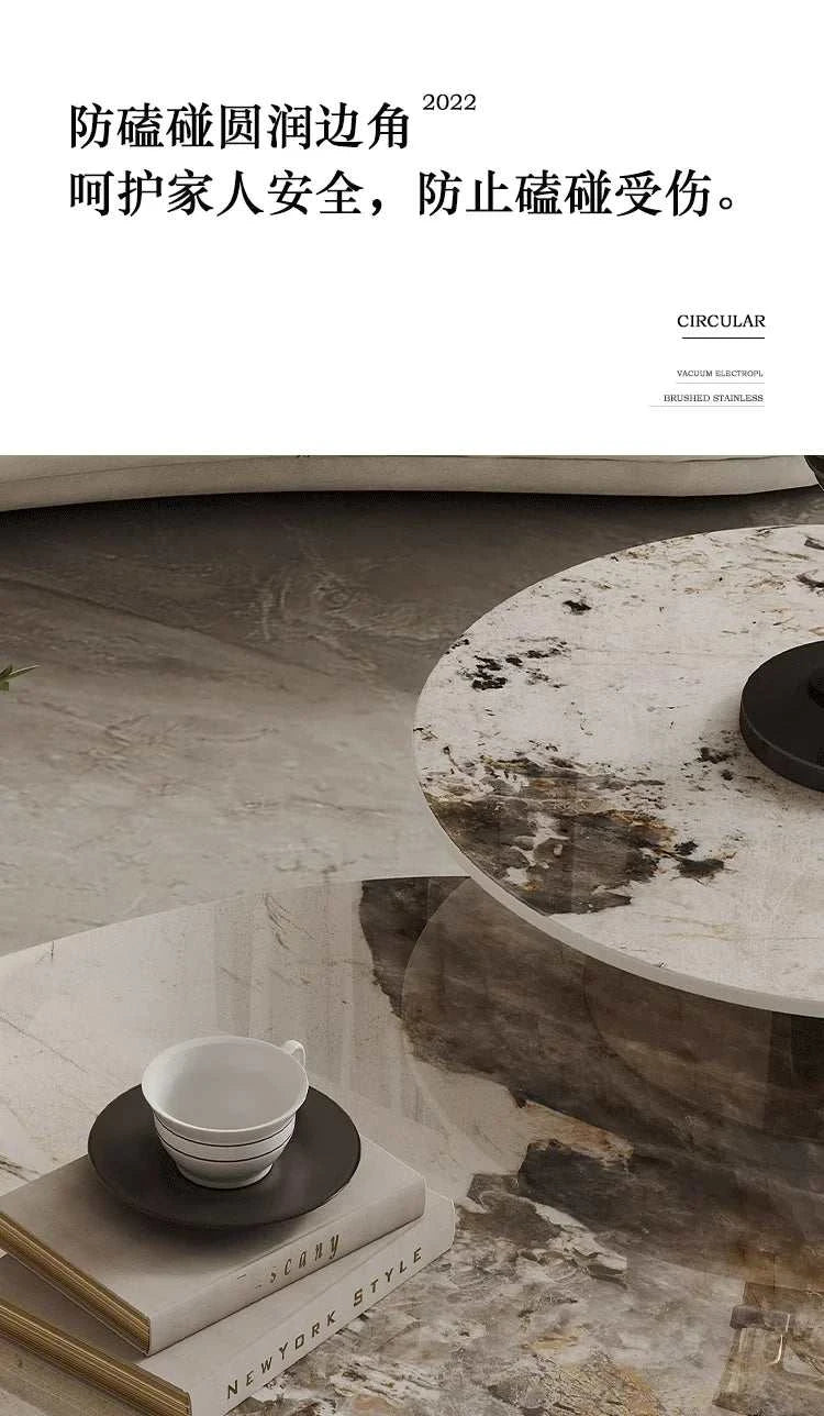 Round marble table with a white cup on a stone floor, featuring Chinese text and 'CIRCULAR' branding.