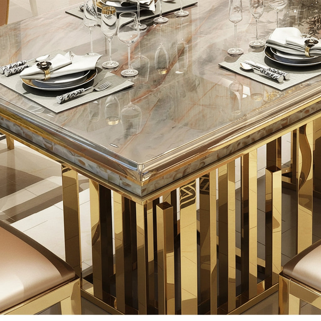 Linlamlim Luxury Marble Dining Table Set with Gold Stainless Steel Frame, Dining Room Table with Sea Shell and High-Back Chairs - view 6