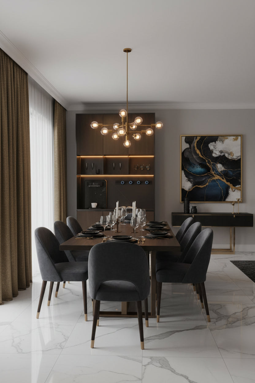 Modern kitchen cabinet sets the backdrop for a beautiful dining room with a chandelier 