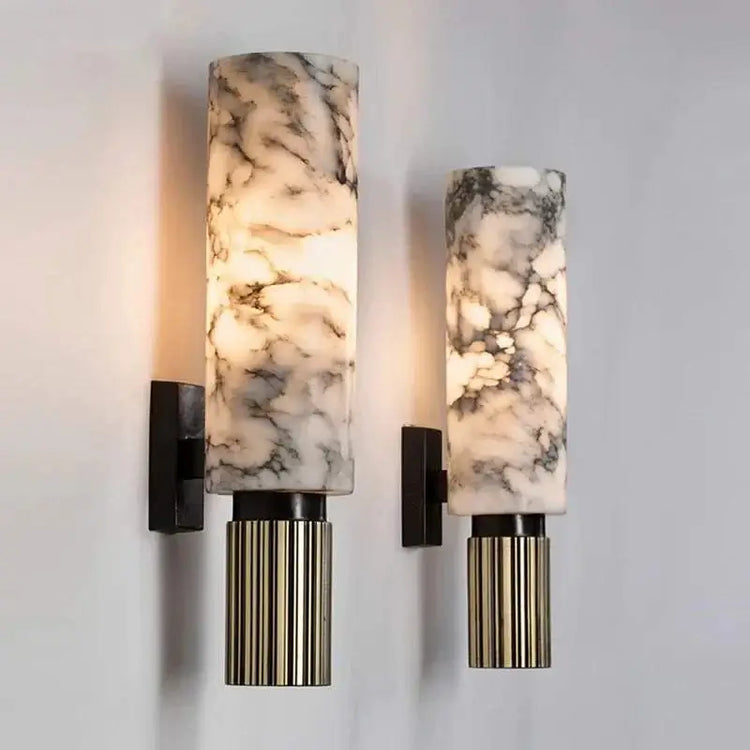 Modern marble wall lamp with elegant design, showcasing marble and bronze elements for stylish decor.