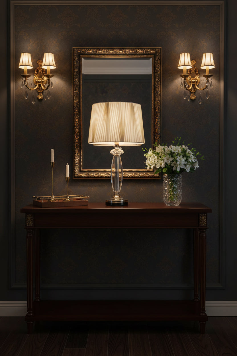 High-end crystal table lamp with fabric shade illuminating a stylish entryway with mirror and floral arrangement.