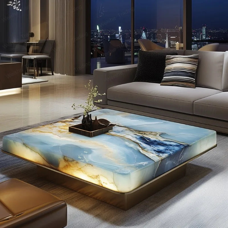 Luminous Jade & Marble Square Coffee Table | Minimalist Luxury - view 10