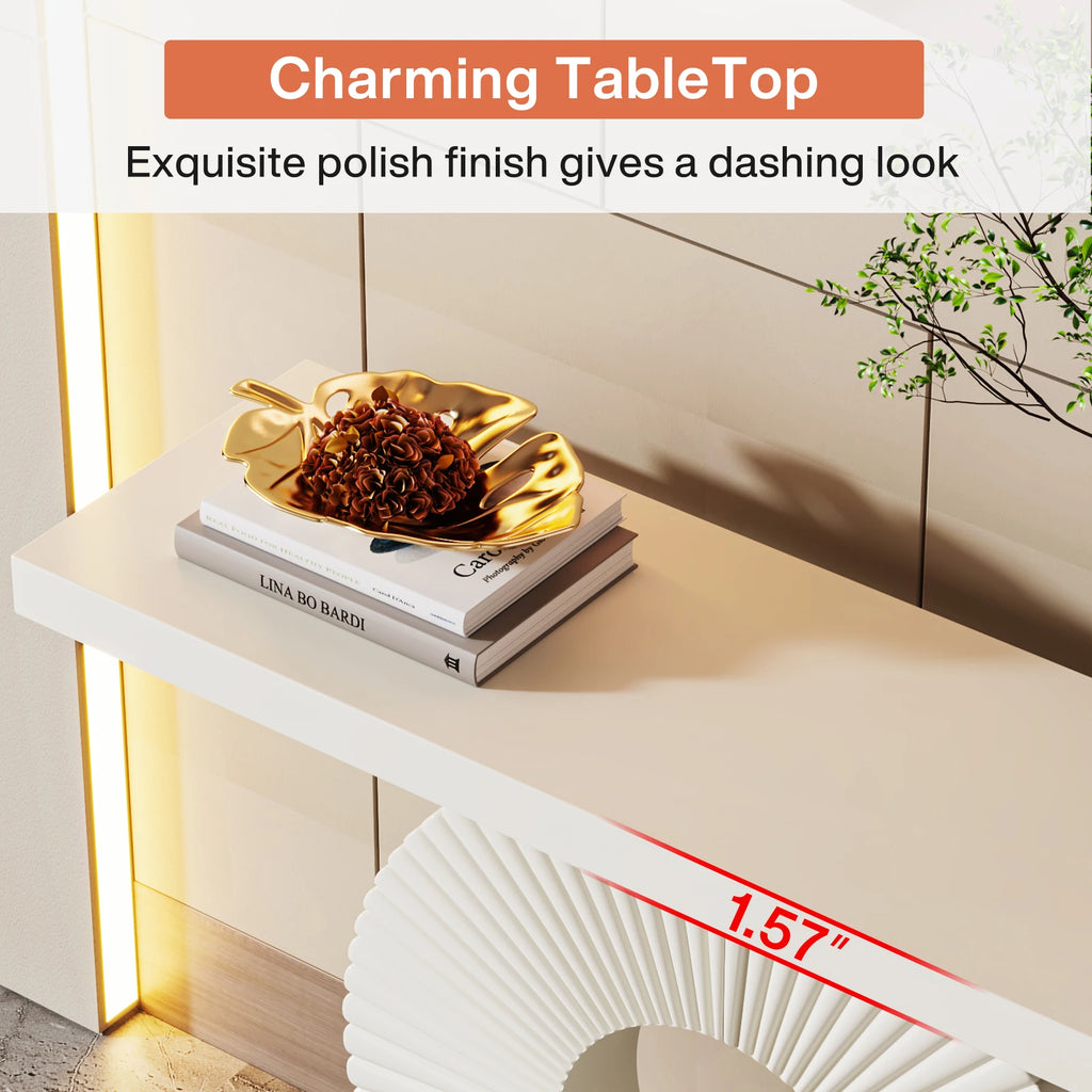 White table with decorative items and measurement text