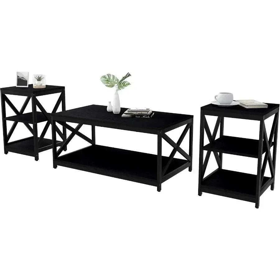 Modern 3 piece living room coffee table set in black finish with center table and two matching end side tables