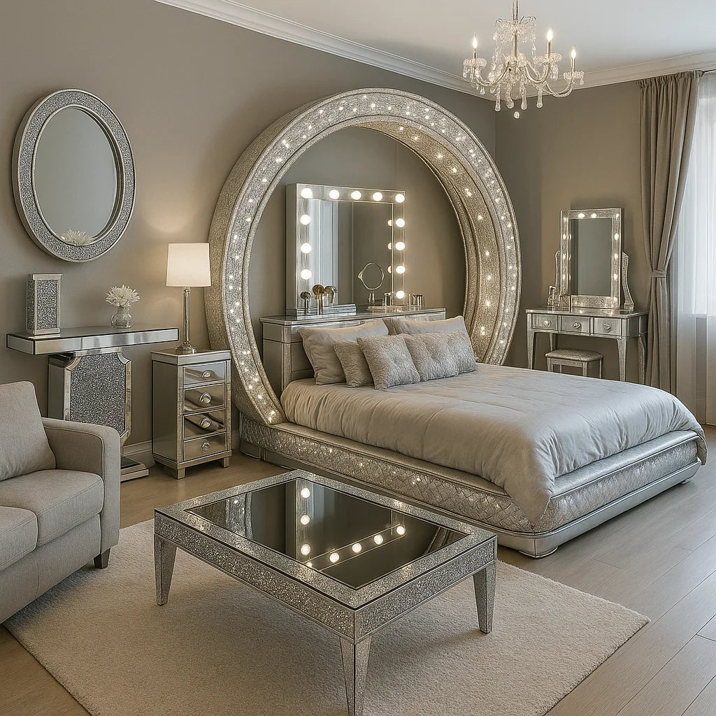 A luxury bedroom featuring a large oval bed with a glowing lighted mirror frame, silver mirrored furniture, beige bedding, and a matching chandelier in a styled interior.
