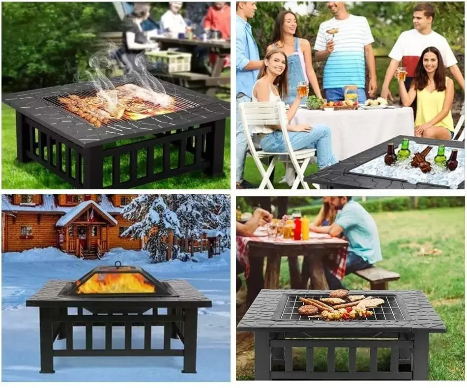 32" Fire Pit Table for Outside,Outdoor Fire Pit Square Wood Burning with Spark Screen Fire Poker for Camping,Backyard,Patio - view 5